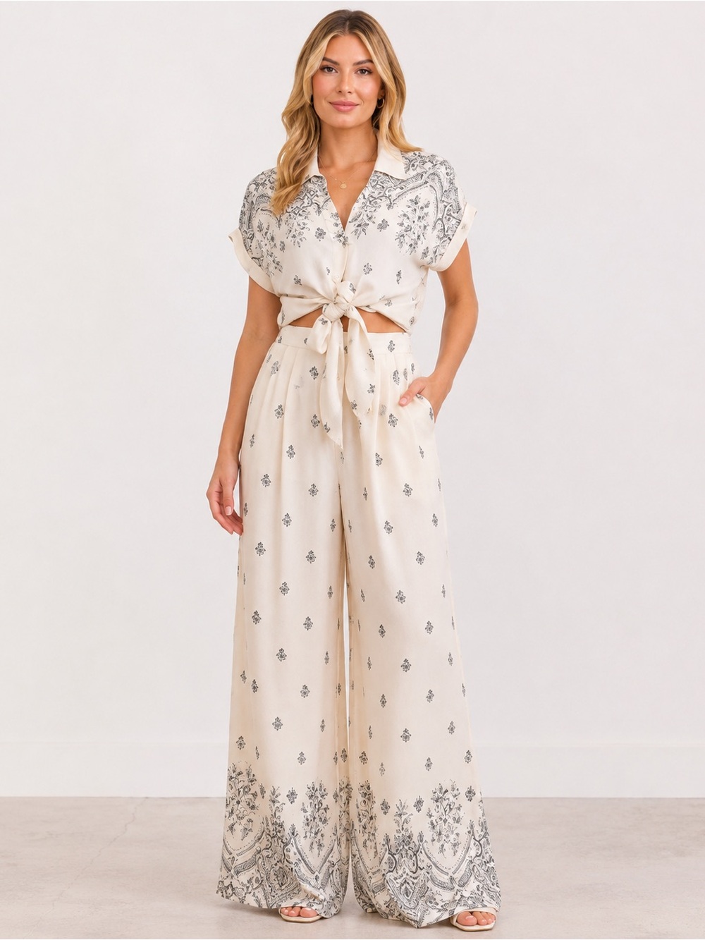 Cream Printed Wide-Leg Two-Piece Pant Set